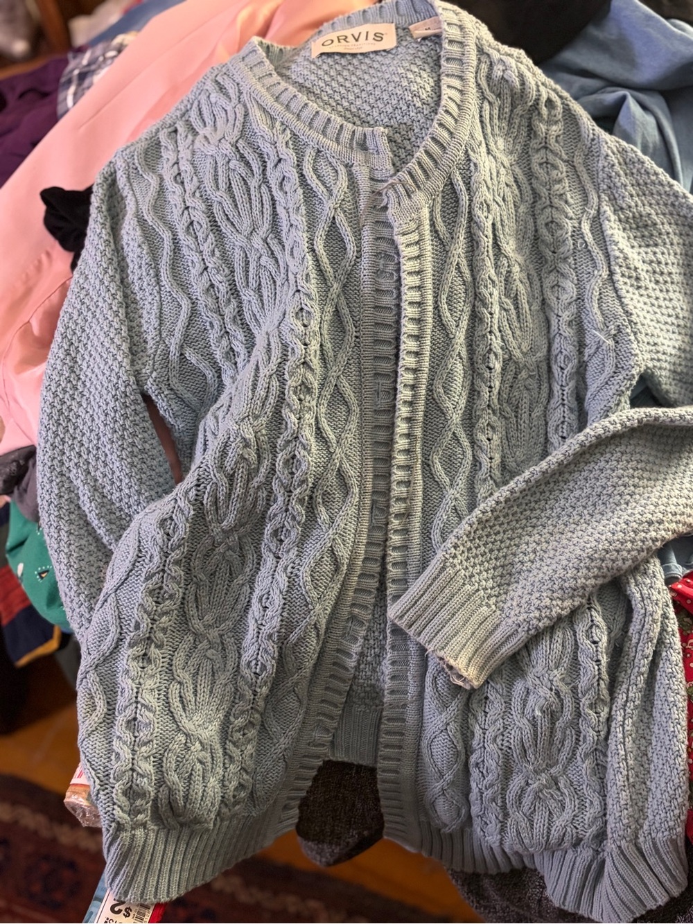 Orvis Light Blue Cable Knit Open-Front Cardigan